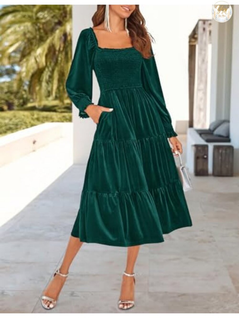ZESICA Velvet Long Sleeve Square Neck Midi Cocktail Party Dress - Picture 5 of 6